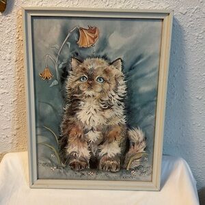 Vintage 60's Blue eyed Cat Print Framed Pop Art